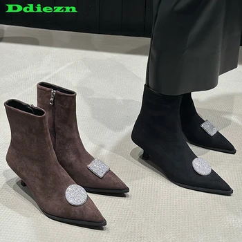 Дамски полусапожки, Модни дамски обувки на ток с остър пръсти, есенни женски ботильоны, модерни 2023, елегантни обувки с кристали, обувки на токчета