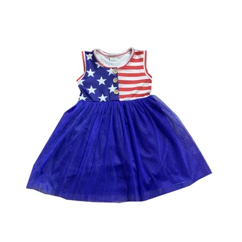 Търговия на едро с Летни детски дрехи на 4 юли, Шифоновое рокля без ръкави в звездна лента за момичета, рокли за деца