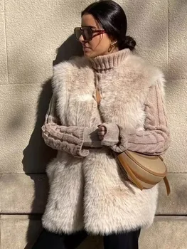 Jyate Модерен изкуствена кожа, трева, топъл женски жилетка, винтажное копчета палто без ръкави, с V-образно деколте, зимни елегантни дамски дрехи