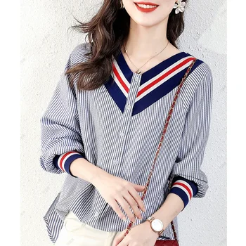Дамски шифоновая блуза с дълъг ръкав, Свободна, със Средна дължина, В ивица, Елегантни, Дамски блузи, Мода началото на есента