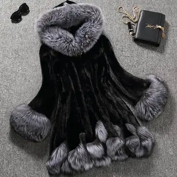 Зимни Дамски Висококачествено палто от лисьего кожа, Луксозна Дълго Палто, палто със свободен ревера, Дебели Топли Дамски Плюшени палто, Черни връхни дрехи