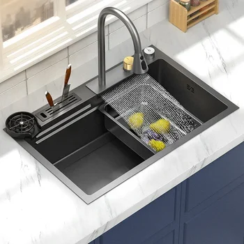Мивка от неръждаема стомана 304, кухненска мивка с водопад, Голяма мивка с един слот и батерия с водопад За ремонт на кухня
