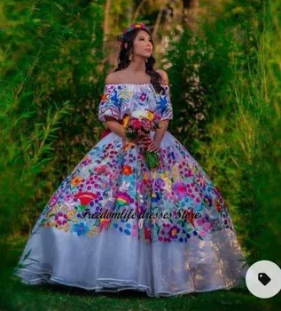 Буйни рокли с бродерия Cara & Alan С Открити Рамене Sweet 16 Бална Рокля vestidos de 15 años 2022 За Мексикански момичета XV