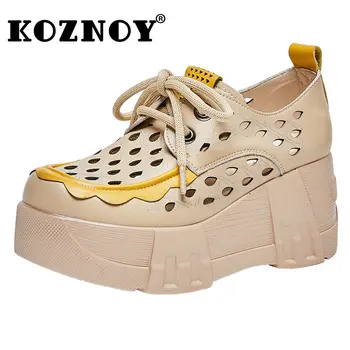 Koznoy 7 см/ Нови Летни дамски мокасини от естествена кожа на платформа, танкетке, дантела, с кръгло бомбе, дантела, боядисана обувки