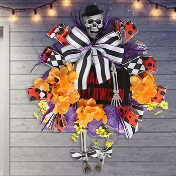 Венец на Хелоуин за входната врата, Мрежест венец на Хелоуин, Пумкин и човешкият скелет с крака, Fun декор на верандата на Хелоуин