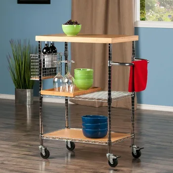 Кухненска количка с подвижна тава и четири колела, които могат да се блокира, с дръжка за колички за регулируема височина, кухненска количка за съхранение